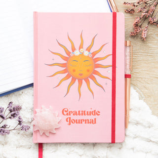 The Sun Gratitude Lined Journal with Rose Quartz Pen from Curious Muse Crystals Tagged with blank journal, book, gratitude journal, journal