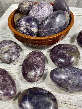 Lepidolite with Citrine Palm Stone from Curious Muse Crystals Tagged with carving, citrine, crystal, lepidolite, palm stone, palmstone, polished, purple