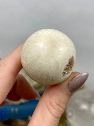 Scolecite Sphere from Curious Muse Crystals Tagged with crystal sphere, fine mineral, india, quartz, scolecite, sphere, zeolite