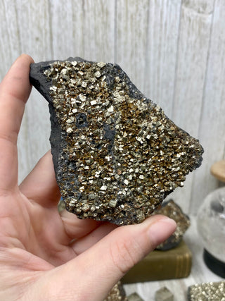 Pyrite on Shungite Raw Layered Plate | Brazil from Curious Muse Crystals Tagged with abundance, black, brazil, cleansing, gold, manifestation, purification, pyrite, shungite