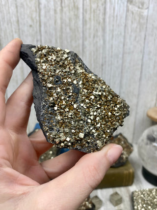 Pyrite on Shungite Raw Layered Plate | Brazil from Curious Muse Crystals Tagged with abundance, black, brazil, cleansing, gold, manifestation, purification, pyrite, shungite