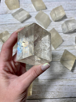 Yellow Optical Calcite Cubes from Curious Muse Crystals Tagged with calcite, clear, crystal, genuine crystal, optical calcite, raw, raw mineral, yellow