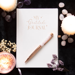 Gratitude Guided Journal with Rose Quartz Crystal Chip Pen from Curious Muse Crystals Tagged with book, gratitude journal, journal, prompted journal