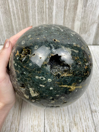 Green Ocean Jasper Sphere XL with Raw Pockets | Madagascar from Curious Muse Crystals Tagged with carving, crystal sphere, green, jasper, ocean jasper, Orbicular jasper, polished, sphere
