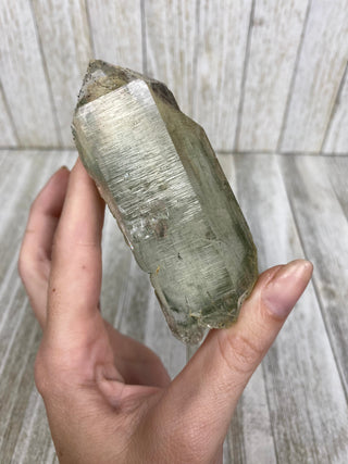 Nirvana Quartz with Green Chlorite Double Terminated Point | High-Altitude Himalayan Crystal from Curious Muse Crystals Tagged with chlorite inclusion, clear, green, green Quartz, hand mined crystal, hide-notify-btn, high altitude quartz, High vibration stone, Himalayan Quartz, manifesting Quartz, Nirvana Quartz