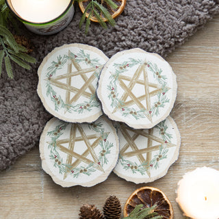 Winter Solstice Faux Wood Slice Coaster Set from Curious Muse Crystals for 13.50. Tagged with coaster set, decor, gifts, winter, yule