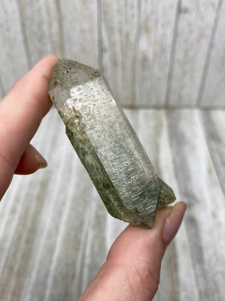 Nirvana Quartz Double Termination with Green Chlorite | High-Altitude Himalayan Crystal from Curious Muse Crystals Tagged with chlorite inclusion, clear, green, green Quartz, hand mined crystal, hide-notify-btn, high altitude quartz, High vibration stone, Himalayan Quartz, manifesting Quartz, Nirvana Quartz