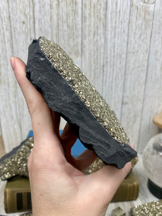 Pyrite on Shungite Raw Layered Plate | Brazil from Curious Muse Crystals Tagged with abundance, black, brazil, cleansing, gold, manifestation, purification, pyrite, shungite