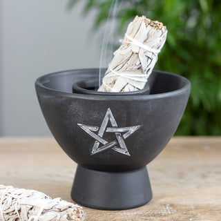 Black Pentagram Terracotta Smoke Cleansing Bowl from Curious Muse Crystals Tagged with burner, incense burner, Smoke cleansing, smudge, smudge stick
