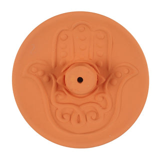 Hamsa Terracotta Incense Burner Plate from Curious Muse Crystals Tagged with Hamsa, incense burner, incense holder, sacred space, terracotta