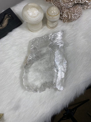 Selenite Raw Specimen Large on Wood Base | Brazil from Curious Muse Crystals Tagged with brazil, clear, crystal, fine mineral, hide-notify-btn, on stand, raw mineral, raw selenite, selenite
