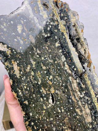 Ocean Jasper Slab | Druzy Pocket from Curious Muse Crystals Tagged with Crystal healing, drusy pocket, hide-notify-btn, jasper, Madagascar mineral, mineral collection, natural mineral, ocean jasper, Orbicular jasper, peace and calming, purple, reiki healing, slab, white