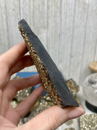 Pyrite on Shungite Raw Layered Plate | Brazil from Curious Muse Crystals Tagged with abundance, black, brazil, cleansing, gold, manifestation, purification, pyrite, shungite