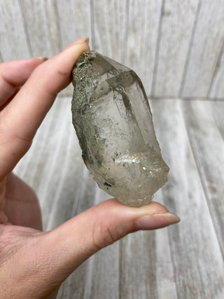 Nirvana Quartz Self Healed Double Termination with Green Chlorite | High-Altitude Himalayan Crystal from Curious Muse Crystals Tagged with chlorite inclusion, clear, green, green Quartz, hand mined crystal, hide-notify-btn, high altitude quartz, High vibration stone, Himalayan Quartz, manifesting Quartz, Nirvana Quartz