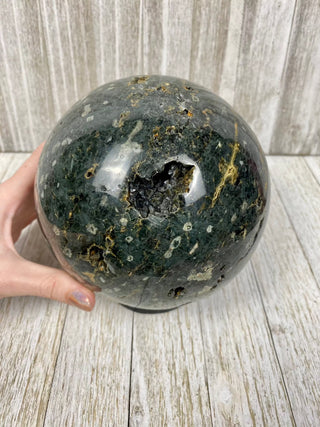 Green Ocean Jasper Sphere XL with Raw Pockets | Madagascar from Curious Muse Crystals Tagged with carving, crystal sphere, green, hide-notify-btn, jasper, ocean jasper, Orbicular jasper, polished, sphere