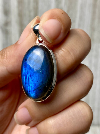 Blue Flash Labradorite in Sterling Silver Pendant from Curious Muse Crystals Tagged with big crystal necklace, blue, blue crystal jewelry, blue labradorite, crystal energy, Crystal Jewelry, full flash lab, Labradorite, Pendant, reiki healing, silver crystal jewel, Sterling, sterling silver