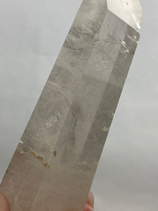 Lemurian Quartz Polished Tower | Wispy Inclusions | Six Side Generator from Curious Muse Crystals Tagged with clear, clear brazil quartz, clear quartz, Crown crystal, hide-notify-btn, lemurian, lemurian generator, Lemurian Quartz, lemurian seed, quartz, rainbow, sunset mine, tower