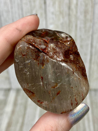 Rutile Inclusion Quartz Polished Free Form with Amphibole Phantoms from Curious Muse Crystals Tagged with clear, clear brazil quartz, crystal energy, crystal lens, genuine crystal, hide-notify-btn, polished, quartz, reiki crystal, reiki healing, rutile