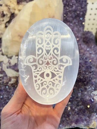 Selenite Etched Hamsa Oval Bowl | Satin Spar Gypsum
