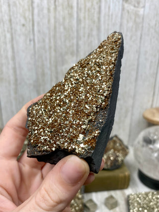 Pyrite on Shungite Raw Layered Plate | Brazil from Curious Muse Crystals Tagged with abundance, black, brazil, cleansing, gold, manifestation, purification, pyrite, shungite