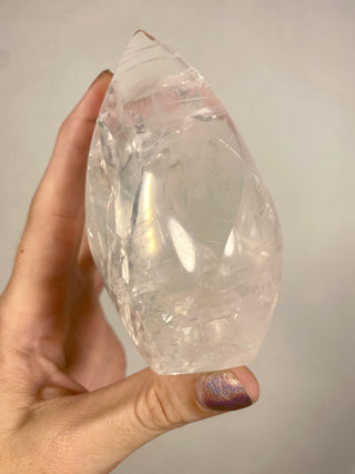 Girasol Quartz Flame | Rainbows Inclusions from Curious Muse Crystals Tagged with brazil, carving, clear, clear quartz, crystal, flame, hide-notify-btn, pink, polished, quartz, tower