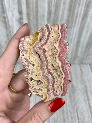 Rhodochrosite Slab from Argentina from Curious Muse Crystals Tagged with crystal, Crystal healing, crystal plate, hide-notify-btn, pink, pink crystal, reiki healing, rhodochrosite, slab, slice