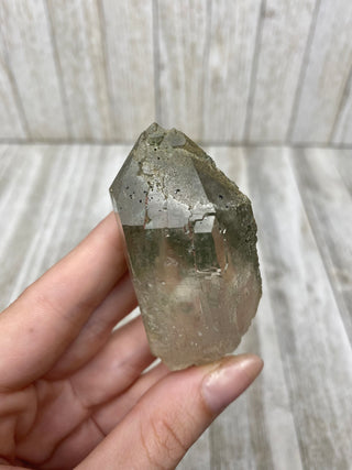 Nirvana Quartz Self Healed Double Termination with Green Chlorite | High-Altitude Himalayan Crystal from Curious Muse Crystals Tagged with chlorite inclusion, clear, green, green Quartz, hand mined crystal, hide-notify-btn, high altitude quartz, High vibration stone, Himalayan Quartz, manifesting Quartz, Nirvana Quartz