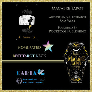 Macabre Tarot Deck from Rockpool Publishing Tagged with alternative tarot, black white gold, dark art tarot, divination tool, halloween witch, line drawn art, macabre tarot, modern tarot deck, rider waite, tarot deck, with guidebook
