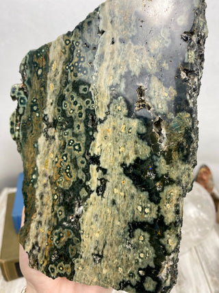 Ocean Jasper Slab from Curious Muse Crystals Tagged with Crystal healing, drusy pocket, hide-notify-btn, jasper, Madagascar mineral, mineral collection, natural mineral, ocean jasper, Orbicular jasper, peace and calming, purple, reiki healing, slab, white