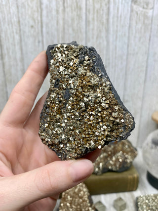 Pyrite on Shungite Raw Layered Plate | Brazil from Curious Muse Crystals Tagged with abundance, black, brazil, cleansing, gold, manifestation, purification, pyrite, shungite