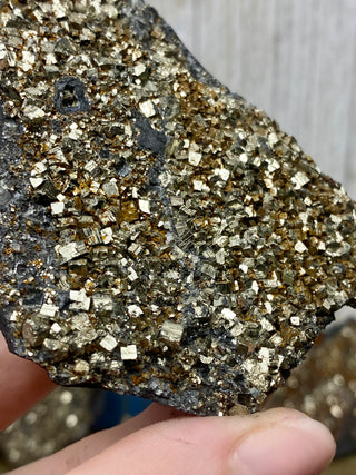 Pyrite on Shungite Raw Layered Plate | Brazil from Curious Muse Crystals Tagged with abundance, black, brazil, cleansing, gold, manifestation, purification, pyrite, shungite