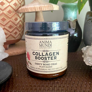 Dirty Rose Chai | Collagen Booster from Anima Mundi Herbals for 35. Tagged with anima mundi herbals, chai, collagen, ethically harvested, he shou wu, herbal medicine, holistic herbal supplement, horsetail, mangosteen, nettle, rose