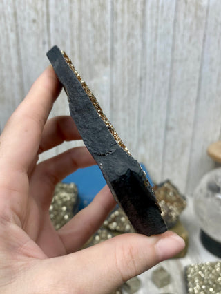 Pyrite on Shungite Raw Layered Plate | Brazil from Curious Muse Crystals Tagged with abundance, black, brazil, cleansing, gold, manifestation, purification, pyrite, shungite