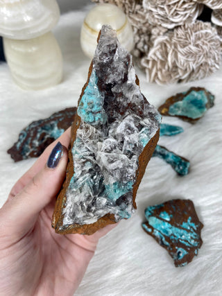 Rosasite with Aurichalcite and Calcite Raw Specimen | Ojuela Mine, Mexico from Curious Muse Crystals Tagged with aurichalcite, blue, dolomite, fine mineral, mexico, ojela mine, peace, raw, rosasite