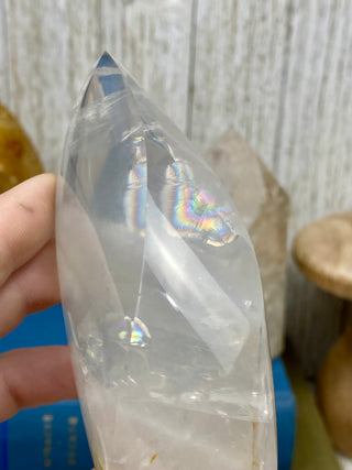 Girasol Quartz Flame | Smoky Gray Layering from Curious Muse Crystals Tagged with brazil, carving, clear, clear quartz, crystal, flame, hide-notify-btn, pink, polished, quartz, tower