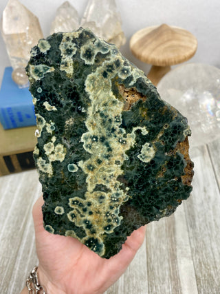 Ocean Jasper Slab from Curious Muse Crystals Tagged with Crystal healing, drusy pocket, hide-notify-btn, jasper, Madagascar mineral, mineral collection, natural mineral, ocean jasper, Orbicular jasper, peace and calming, purple, reiki healing, slab, white