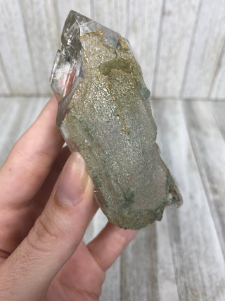 Nirvana Quartz with Green Chlorite Double Terminated Point | High-Altitude Himalayan Crystal from Curious Muse Crystals Tagged with chlorite inclusion, clear, green, green Quartz, hand mined crystal, hide-notify-btn, high altitude quartz, High vibration stone, Himalayan Quartz, manifesting Quartz, Nirvana Quartz