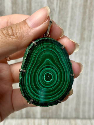 Malachite Slice in Sterling Silver Pendant from Curious Muse Crystals Tagged with copper malachite, green, hide-notify-btn, malachite, necklace, Pendant, sterling silver