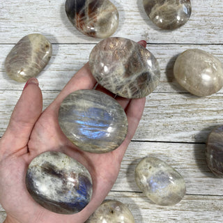 Moonstone with Sunstone Flashy Palm Stone from Curious Muse Crystals Tagged with blue, Feldspar, moonstone, orange, orthoclase, orthoclase feldspar, palm stone, palmstone, silver, sunstone