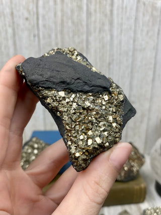 Pyrite on Shungite Raw Layered Plate | Brazil from Curious Muse Crystals Tagged with abundance, black, brazil, cleansing, gold, manifestation, purification, pyrite, shungite