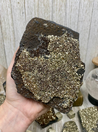 Pyrite on Shungite Raw Layered Plate | Brazil from Curious Muse Crystals Tagged with abundance, black, brazil, cleansing, gold, manifestation, purification, pyrite, shungite