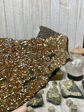 Pyrite on Shungite Raw Layered Plate | Brazil from Curious Muse Crystals Tagged with abundance, black, brazil, cleansing, gold, manifestation, purification, pyrite, shungite