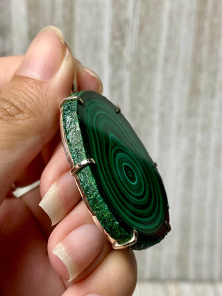 Malachite Slice in Sterling Silver Pendant from Curious Muse Crystals Tagged with copper malachite, green, hide-notify-btn, malachite, necklace, Pendant, sterling silver