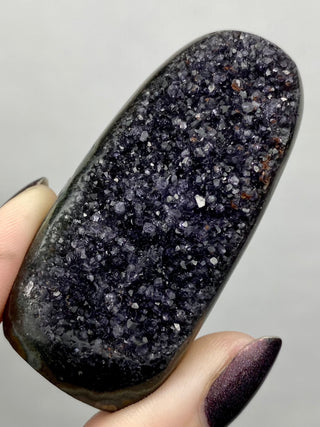 Black Galaxy Amethyst Cut Base | Brazil from Curious Muse Crystals Tagged with amethyst, black, cut base amethyst, extra dark amethyst, goethite amethyst, hematite amethyst, purple, unique amethyst