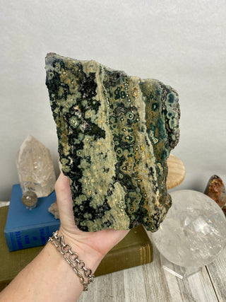 Ocean Jasper Slab from Curious Muse Crystals Tagged with Crystal healing, drusy pocket, hide-notify-btn, jasper, Madagascar mineral, mineral collection, natural mineral, ocean jasper, Orbicular jasper, peace and calming, purple, reiki healing, slab, white