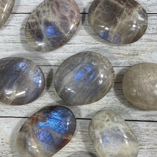 Moonstone with Sunstone Flashy Palm Stone from Curious Muse Crystals Tagged with blue, Feldspar, moonstone, orange, orthoclase, orthoclase feldspar, palm stone, palmstone, silver, sunstone