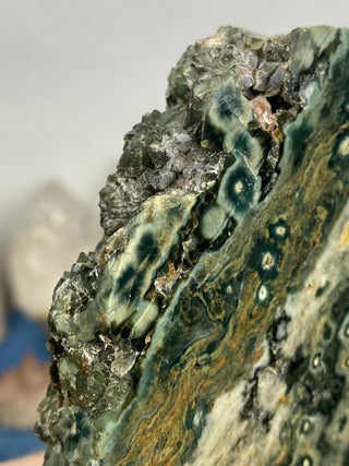 Ocean Jasper Slab from Curious Muse Crystals Tagged with Crystal healing, drusy pocket, hide-notify-btn, jasper, Madagascar mineral, mineral collection, natural mineral, ocean jasper, Orbicular jasper, peace and calming, purple, reiki healing, slab, white