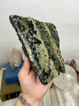 Ocean Jasper Slab from Curious Muse Crystals Tagged with Crystal healing, drusy pocket, hide-notify-btn, jasper, Madagascar mineral, mineral collection, natural mineral, ocean jasper, Orbicular jasper, peace and calming, purple, reiki healing, slab, white