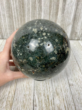 Green Ocean Jasper Sphere XL with Raw Pockets | Madagascar from Curious Muse Crystals Tagged with carving, crystal sphere, green, jasper, ocean jasper, Orbicular jasper, polished, sphere