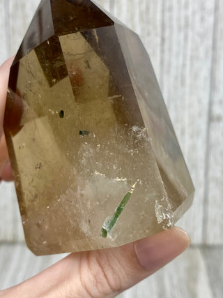 Citrine Tower from Brazil with Green Tourmaline | Polished Crystal Obelisk from Curious Muse Crystals Tagged with brazil, citrine, Crystal healing, genuine crystal, natural citrine, solar plexus chakra, tower, yellow